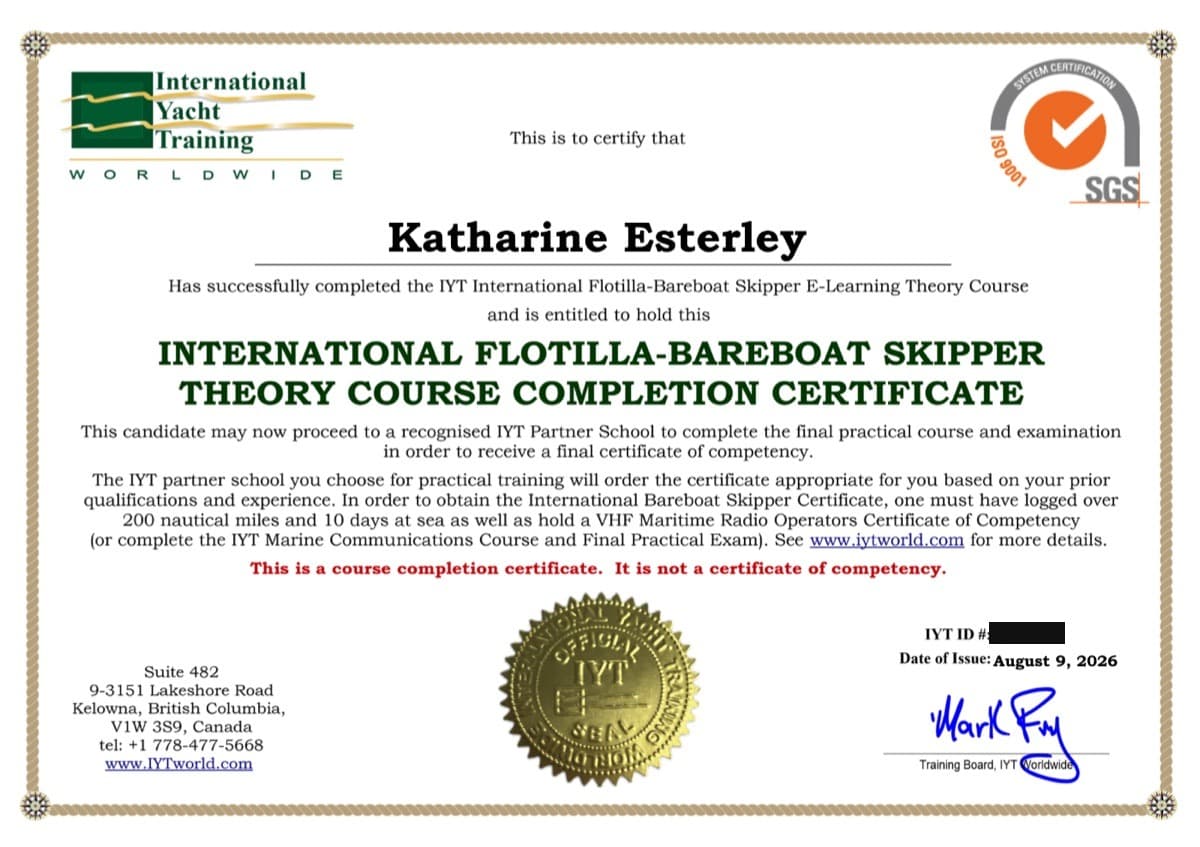 International Yacht Training certificate for the International Flotilla-Bareboat Skipper theory course, issued to Katharine Esterley on 9 August 2026.