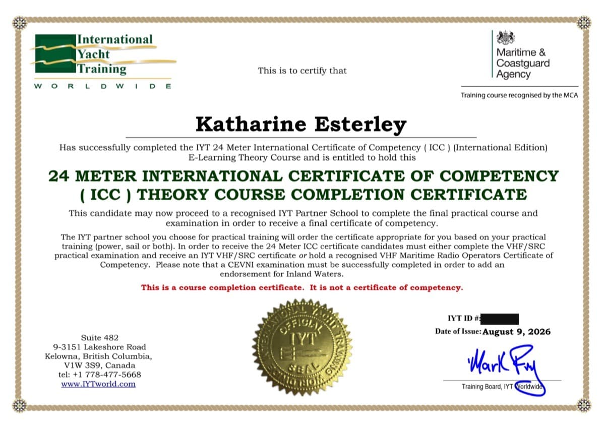 International Yacht Training certificate for the 24 metre International Certificate of Competency theory course, recognised by the Maritime & Coastguard Agency, issued 9 August 2026.