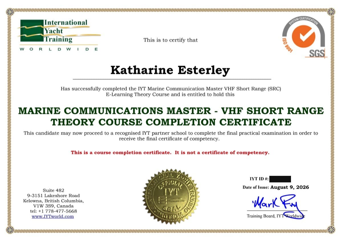 International Yacht Training certificate for the Marine Communications Master VHF Short Range theory course, issued 9 August 2026.